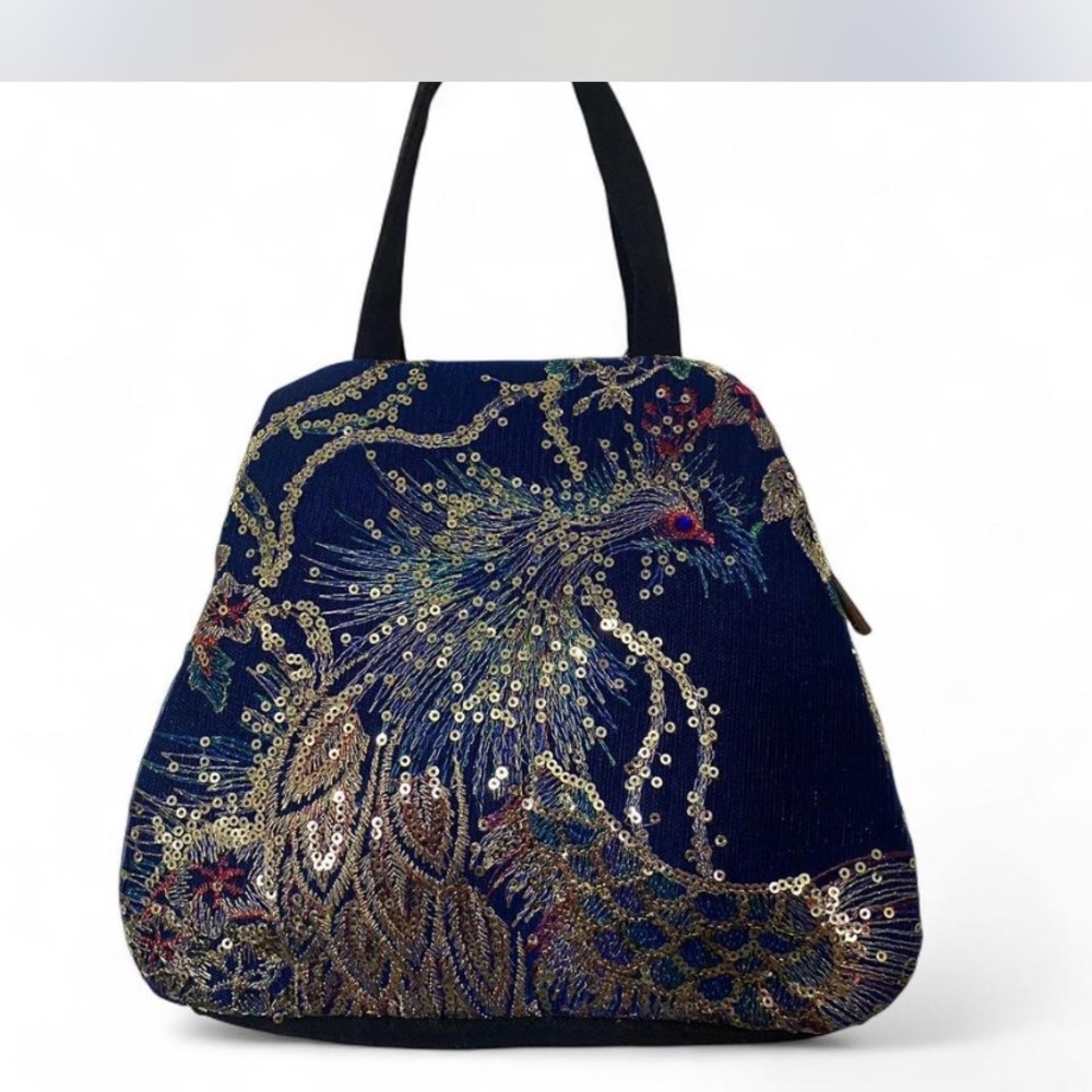 Elegant Blue and Gold Shoulder Bag with Ornate Design